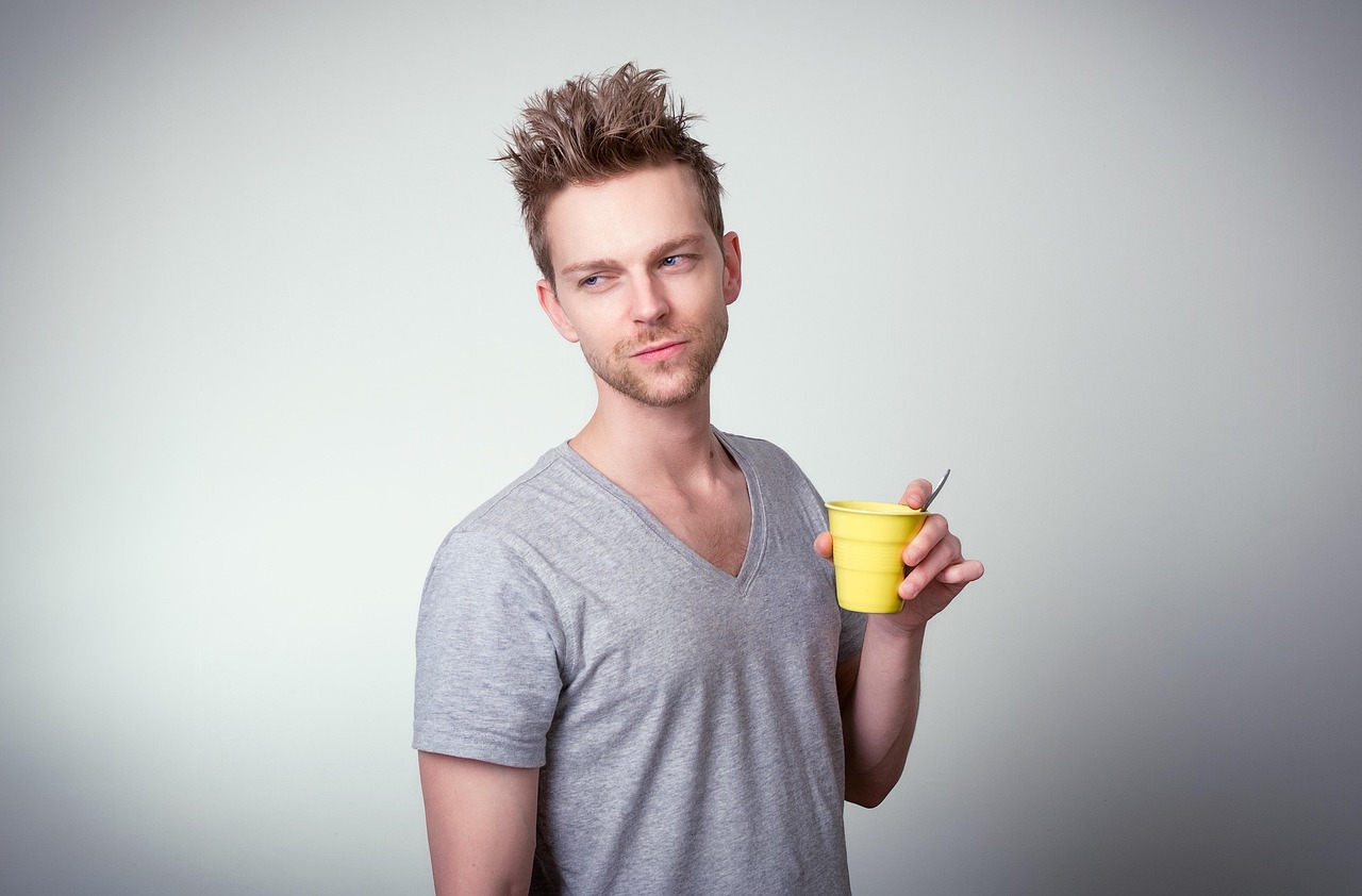 man, male, guy, adult, person, coffee, tea, morning, drinking, isolated, copy space, handsome, attractive, face, blond, thinking, pensive
