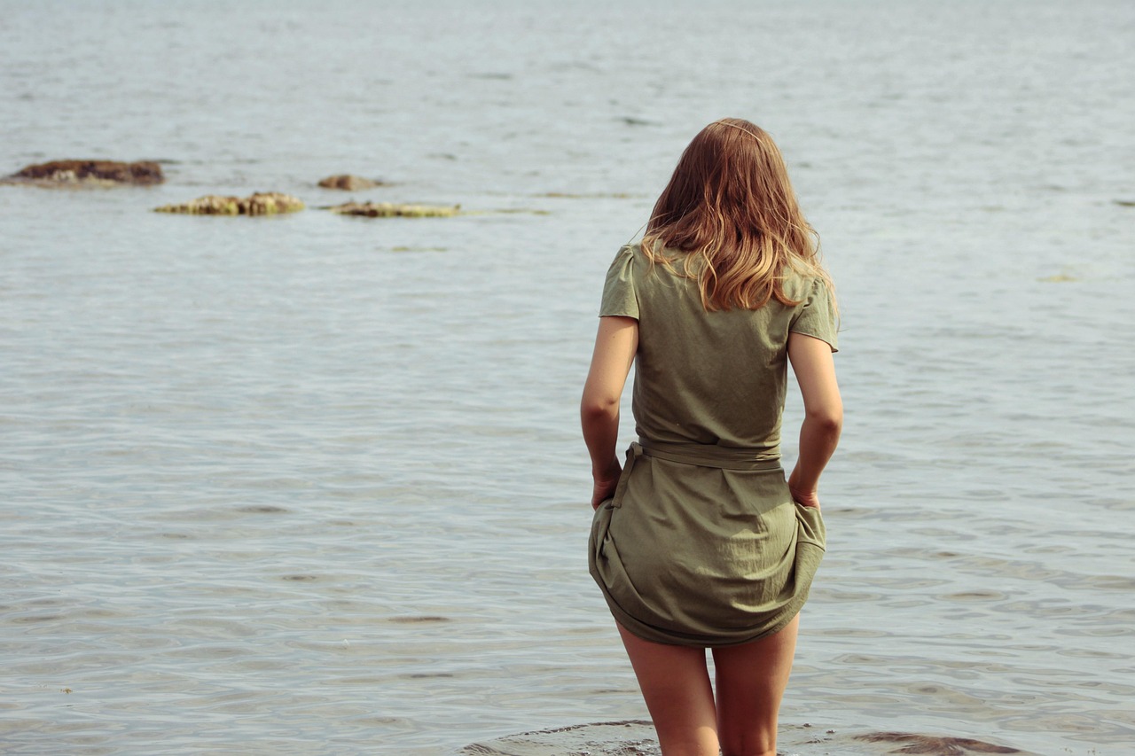 woman, young, sea, ocean, nature, back